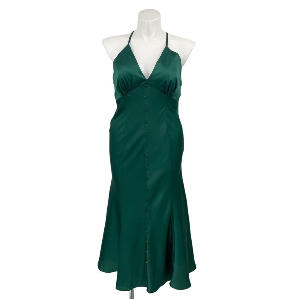 ASOS Satin Green Faux Button Midi Slip Dress Size 12